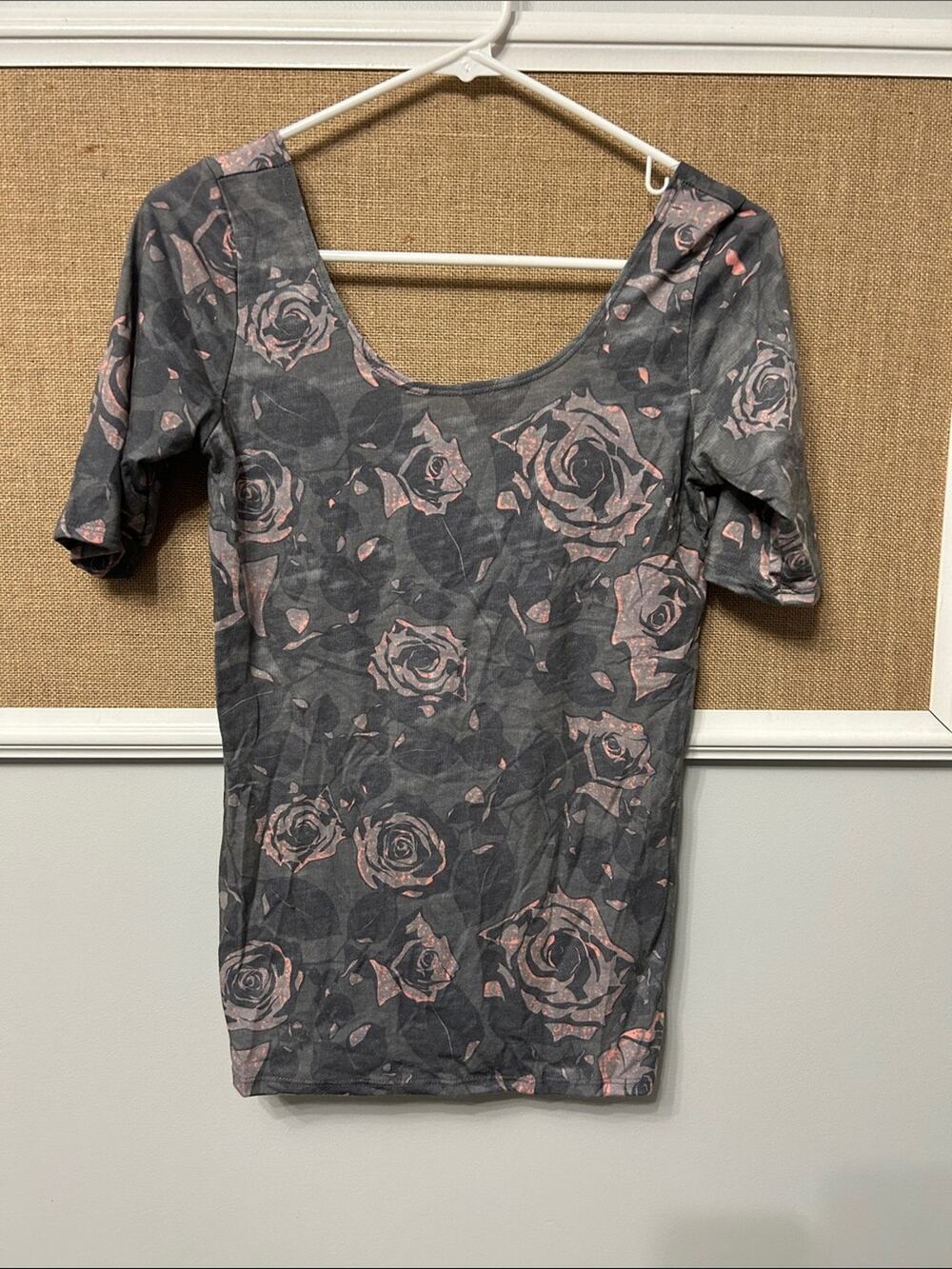Workshop Republic Clothing Gray Scoop Neck Tee with Pink Rose Pattern